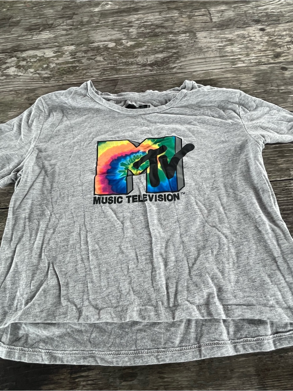 MTV Music Television Tie-Dye Logo Tee - Gray women’s med crop top